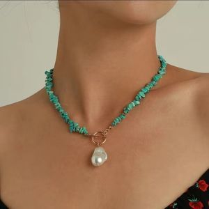 Pearl Pendant Turquoise Beaded Boho Ethnic Style Necklace Jewelry